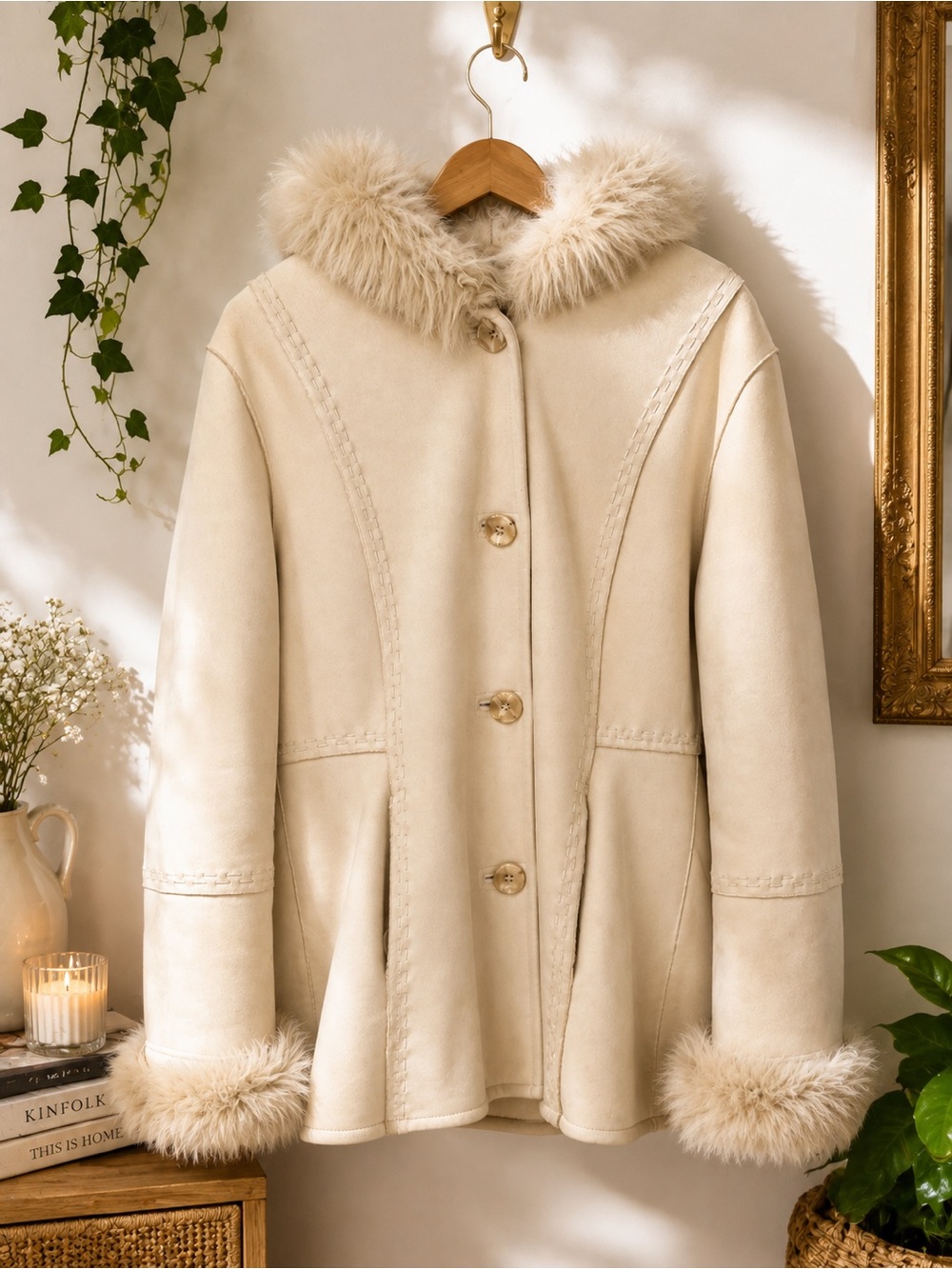 Novelti Cream Faux Suede Coat with Faux Fur Trim – Y2K / Vintage Style